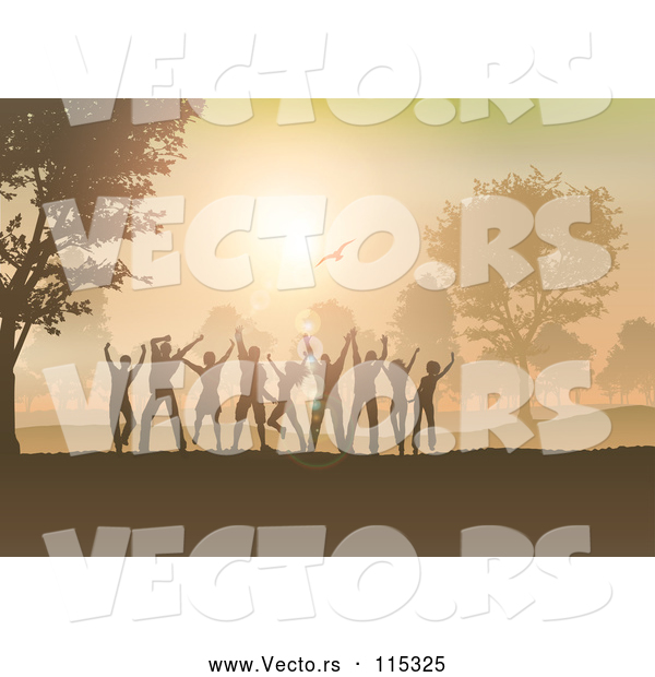 Vector of Group of Silhouetted Dancers Having Fun at Sunset in the Country