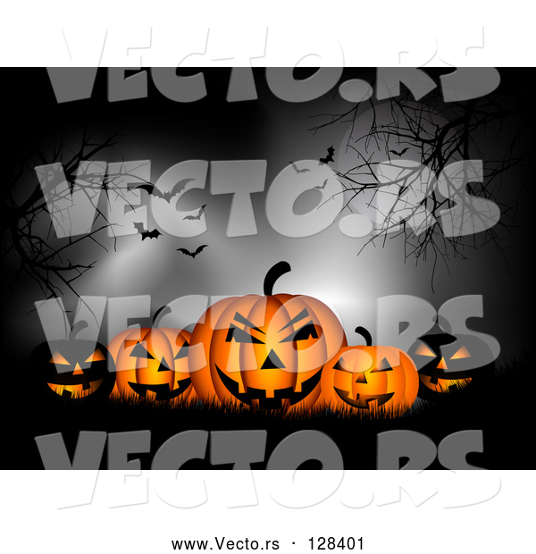 Vector of Group of Spooky Black and Orange Glowing Pumpkins in Silhouetted Grass, Under Trees, a Full Moon, Fog and Vampire Batss