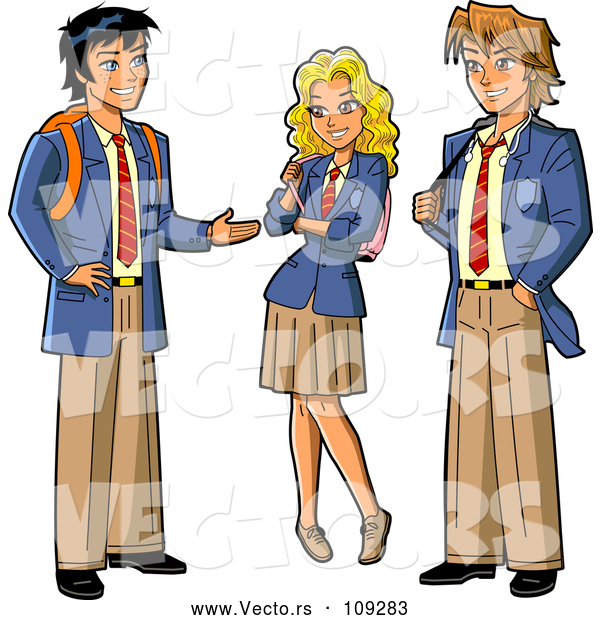Vector of Group of Three Anime Stymed Teenage High School Studens in Uniforms
