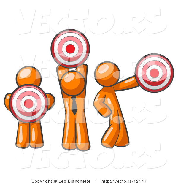 Vector of Group of Three Orange Guys Holding Red Targets in Different Positions