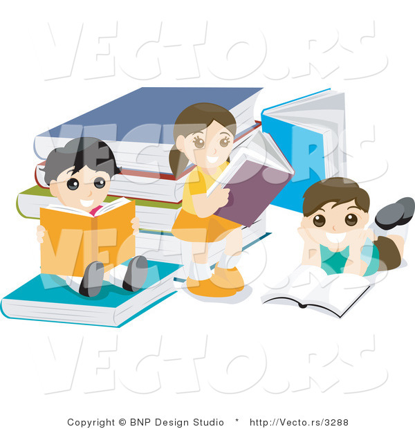 Vector of Group of Young School Kids Reading Beside Large Books