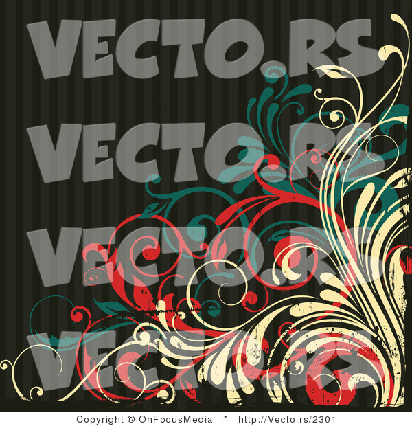 Vector of Grungy Beige, Red and Turquoise Vines over Dark Stripes Background Design