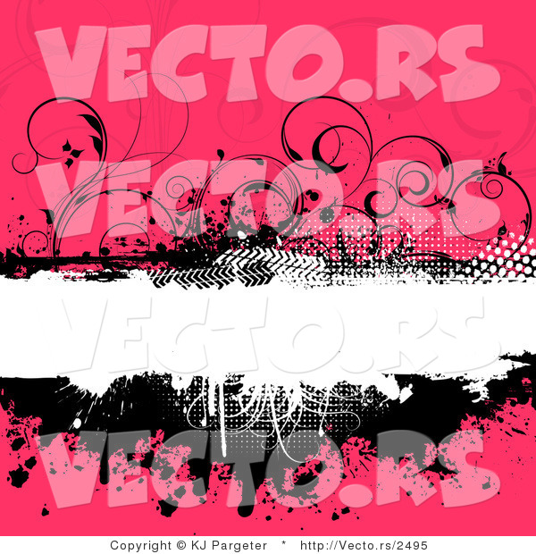 Vector of Grungy Black, White and Floral Pink Background with Splatters, Vines and Blank Copyspace