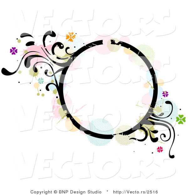 Vector of Grungy Circle Background Frame with Splatters, Vines and Butterflies