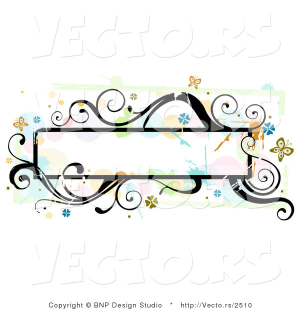 Vector of Grungy Long Background Frame with Splatters, Vines and Butterflies