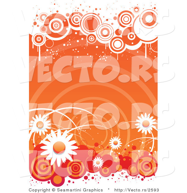 Vector of Grungy Orange Retro Styled Floral Background with White Daisies and Circles