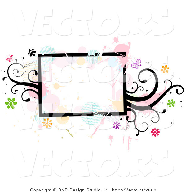 Vector of Grungy Rectangular Background Frame with Splatters, Vines and Butterflies