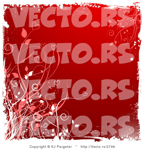 Vector of Grungy Red Floral Vines Background with White Edges