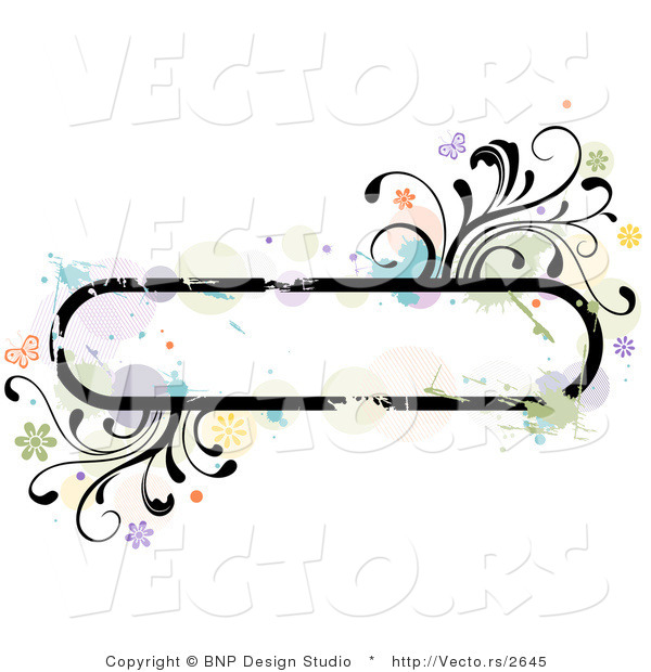 Vector of Grungy Rounded Long Background Frame with Splatters, Vines and Butterflies