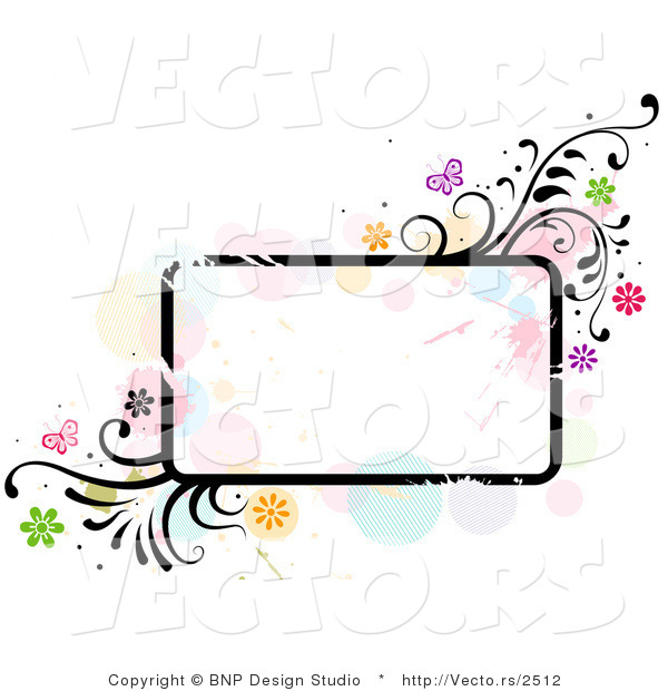 Vector of Grungy Rounded Rectangular Background Frame with Splatters, Vines and Butterflies
