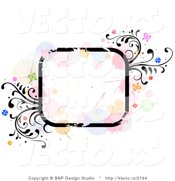 Vector of Grungy Rounded Square Background Frame with Splatters, Vines and Butterflies