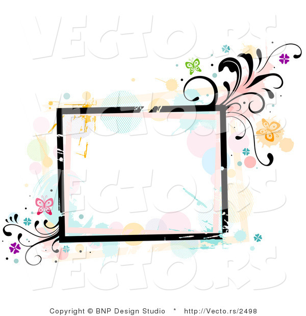 Vector of Grungy Square Background Frame with Splatters, Vines and Butterflies