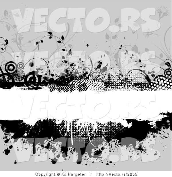 Vector of Grungy White Copyspace Bar Bordered with Black Circles, Vines, Halftone and Splatters over Gray
