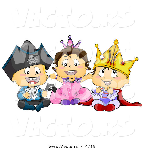 Vector of Halloween Cartoon Toddlers Wearing Pirate, Princess and King Costumes