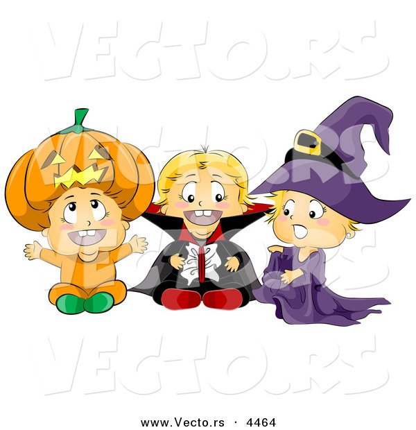Vector of Halloween Cartoon Toddlers Wearing Pumpkin, Vampire, and Witch Costumes