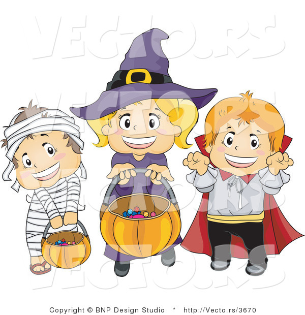 Vector of Halloween Mummy, Witch and Vampire Kids Trick or Treating