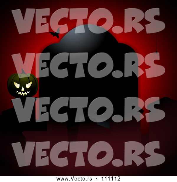 Vector of Halloween Vampire Bat, Spider and Illuminatted Halloween Pumpkin Jackolantern by a Blank Tombstone over Red