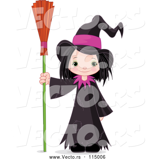 Vector of Halloween Witch Girl Standing with a Broom