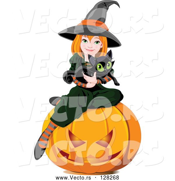 Vector of Halloween Witch Holding a Kitten and Sitting on a Pumpkin
