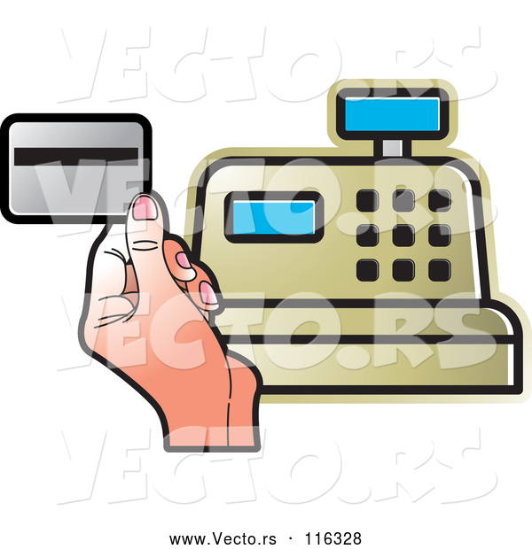 Vector of Hand Holding a Debit Card over a Gold Cash Register