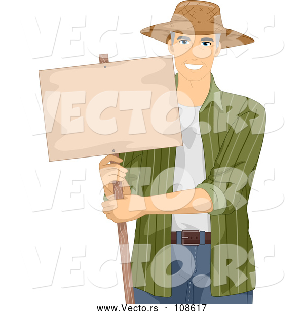 Vector of Handsome White Male Senior Farmer Holding a Blank Sign