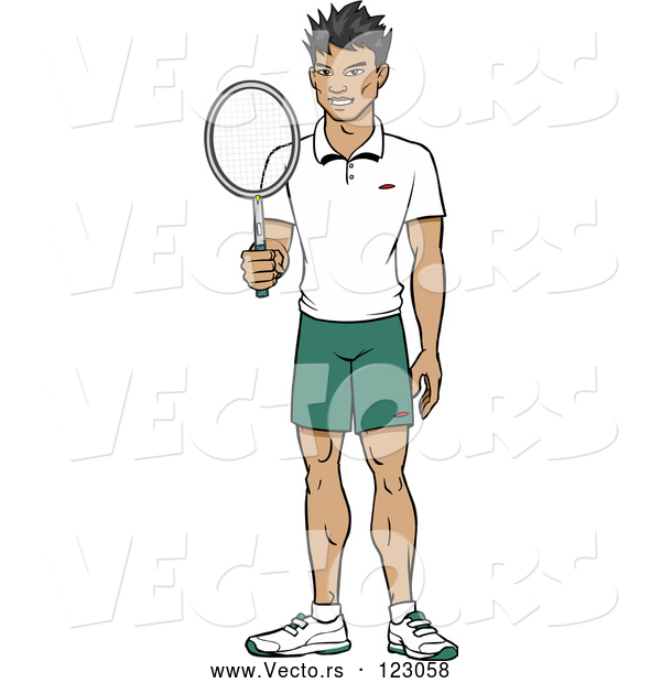 Vector of Happy Asian Tennis Player Guy Holding a Racket