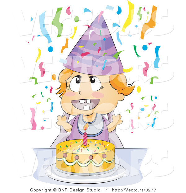Vector of Happy Baby Birthday Party with Cake and Streamers