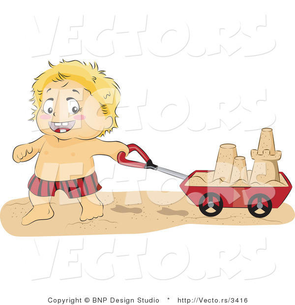 Vector of Happy Baby Boy Pulling Sand Castle in a Cart