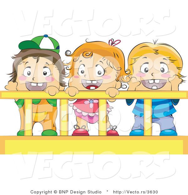 Vector of Happy Baby Girl and Boys Standing in a Crib