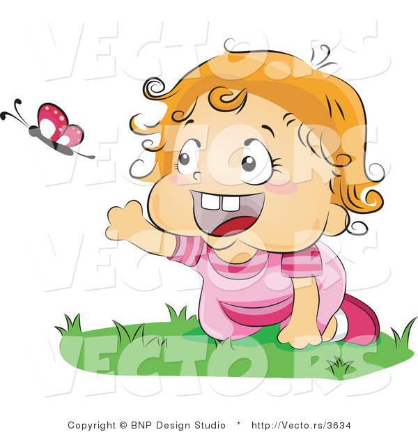 Vector of Happy Baby Girl Chasing a Butterfly While Crawling on Grass