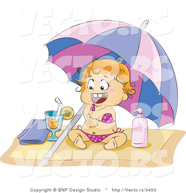 Vector of Happy Baby Girl in a Bikini, Applying Sun Block on a Beach