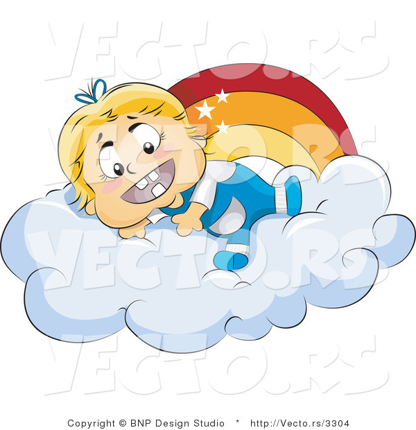 Vector of Happy Baby Girl Laying on a Cloud Beside a Rainbow