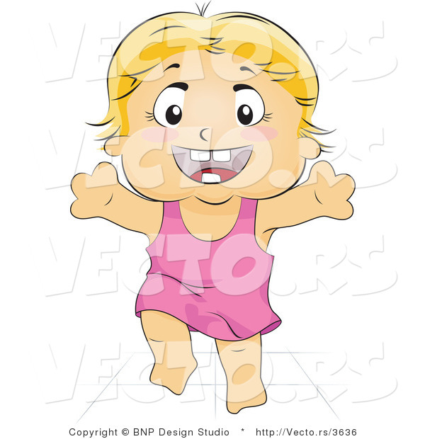Vector of Happy Baby Girl Taking Her First Steps with Arms Reaching out