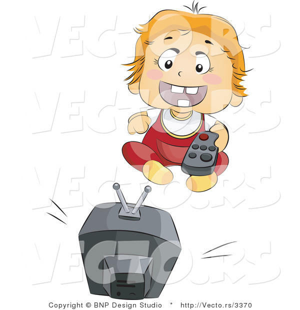 Vector of Happy Baby Holding a Remote and Watching TV