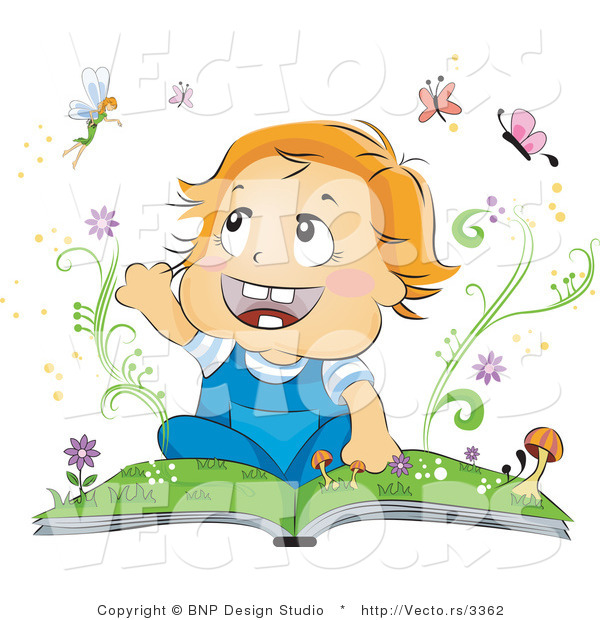 Vector of Happy Baby Reading a Book About Butterflies and Fairies