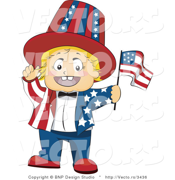 Vector of Happy Baby Waving a Flag and Wearing an American Suit