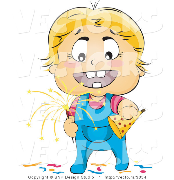Vector of Happy Baby with Party Hat and Sparkler