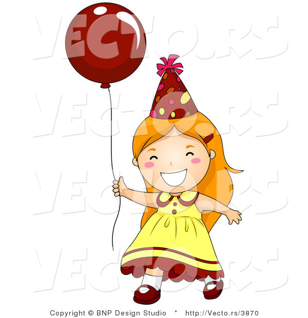 Vector of Happy Birthday Girl Running with Red Balloon