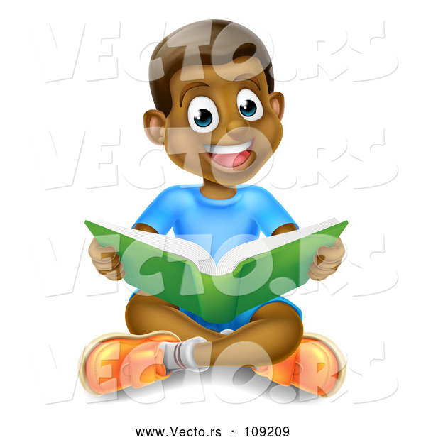 Vector of Happy Black Boy Sitting on the Floor and Reading a Book