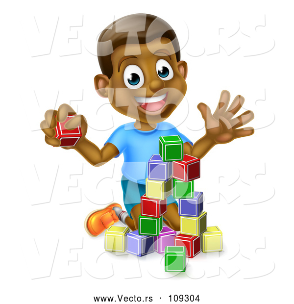 Vector of Happy Black Boy Waving and Playing with Toy Blocks