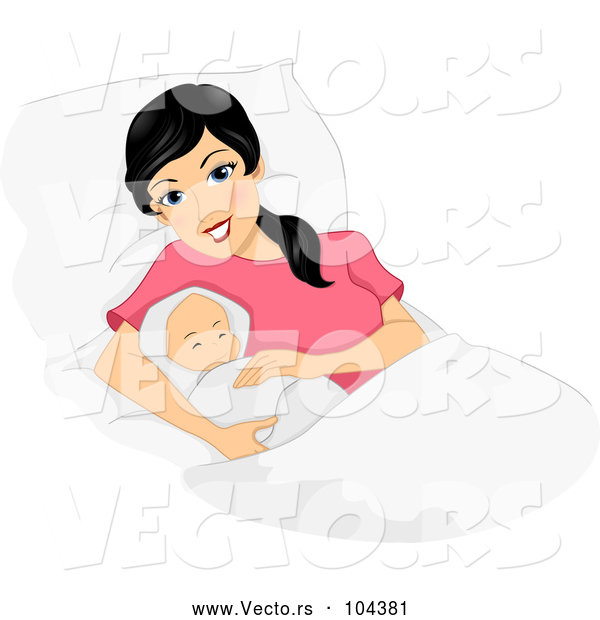 Vector of Happy Black Haired New Mom Laying with Her Newborn Baby