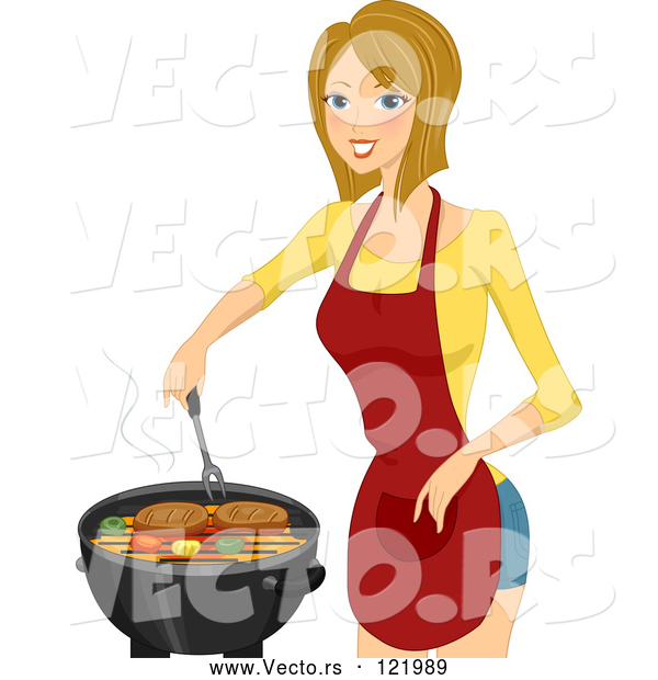 Vector of Happy Blond Lady Cooking Steaks on a BBQ