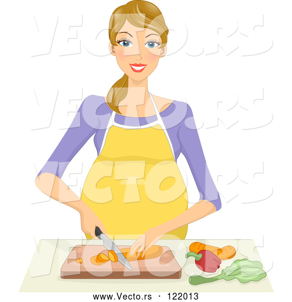 Vector of Happy Blond Pregnant Woman Chopping Veggies
