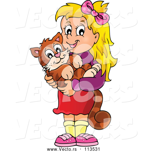 Vector of Happy Blond White Girl Holding Her Pet Cat