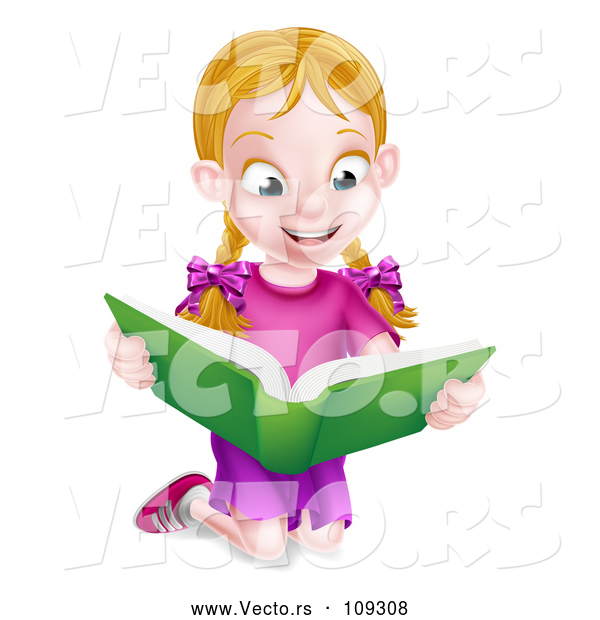 Vector of Happy Blond White School Girl Kneeling and Reading a Book