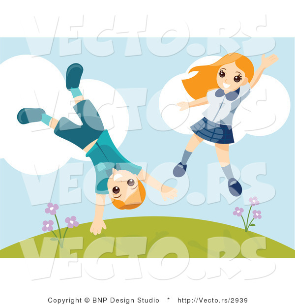 Vector of Happy Boy and Girl Jumping Around and Doing Cartwheels on a Hill
