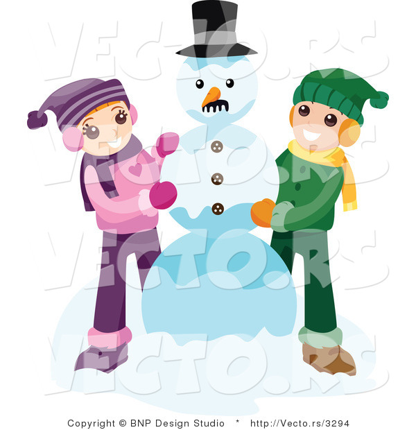 Vector of Happy Boy and Girl Making Snowman Together