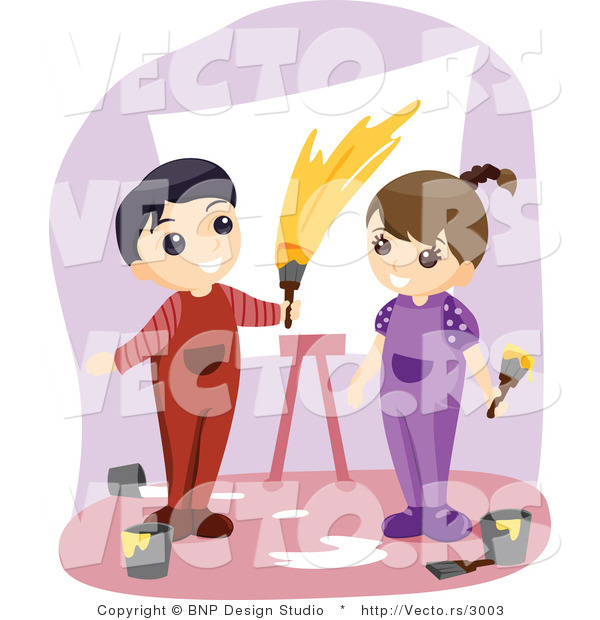 Vector of Happy Boy and Girl Painting Art on Canvas