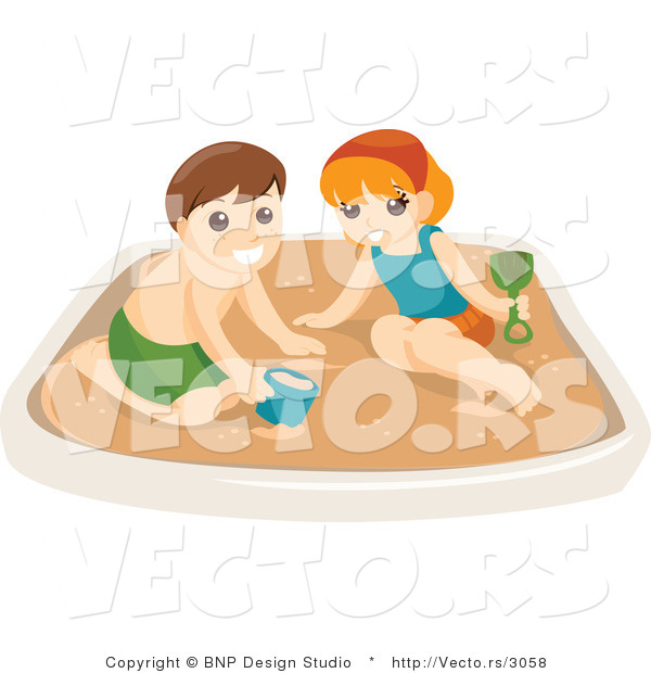 Vector of Happy Boy and Girl Playing in a Sand Box