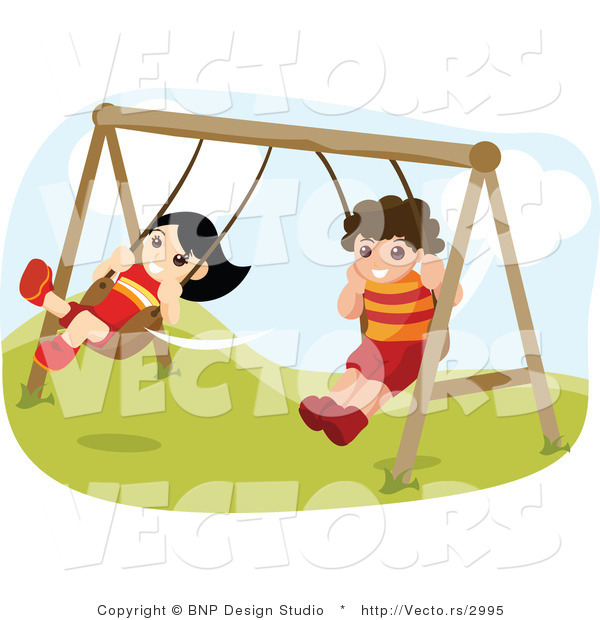 Vector of Happy Boy and Girl Swinging on Playground Swings